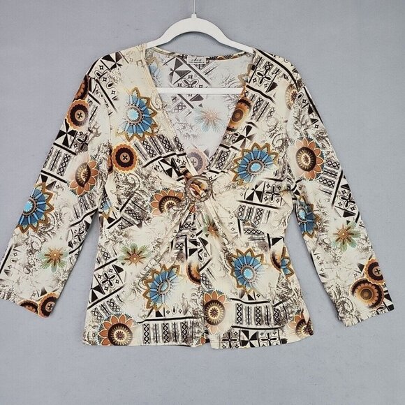 Y2K Top Womens L Cream Bohemian Floral O-Ring V-Neck Jersey Knit Made In USA - Picture 1 of 8